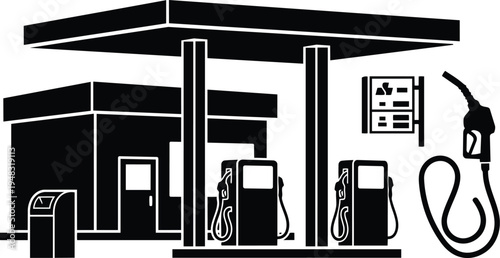 Flat design black and white gas station silhouette showing three fuel pumps under canopy with trash bin and price sign