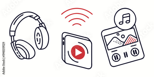 a set of headphones, a video play button, and a music player Vector