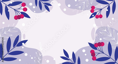 Winter botanical frame with red berries and blue leaves on purple background