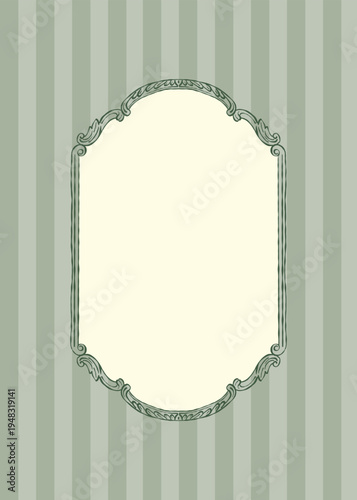 Vintage green set of postcard templates with Baroque and Rococo frames and space for text. Classic frames with hand-drawn swirls. Whimsical Victorian-style striped posters for wedding invitations and