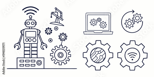 a robot with gears and a laptop is shown in a line drawing Vector