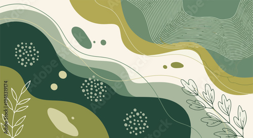 Abstract green organic shapes background with botanical line art and dots