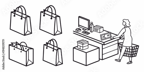 a woman standing at a checkout counter with shopping bags Vector