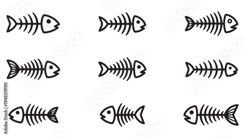 Simple Fish Skeleton Line Art Icons Collection