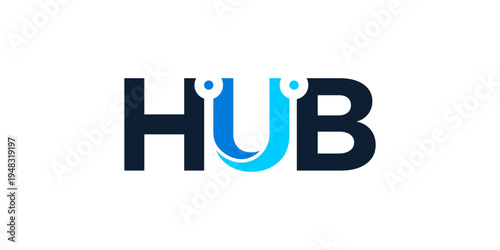 Hub logo design wordmark. Technology connection abstract dot, molecule and biotechnology system graphic design vector illustration. Symbol, icon, creative.