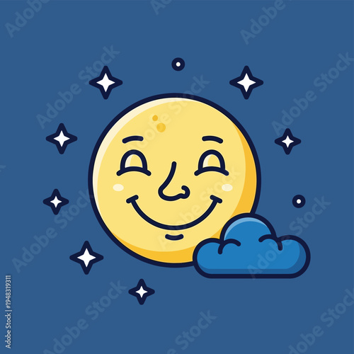 Smiling moon with closed eyes and a small cloud.