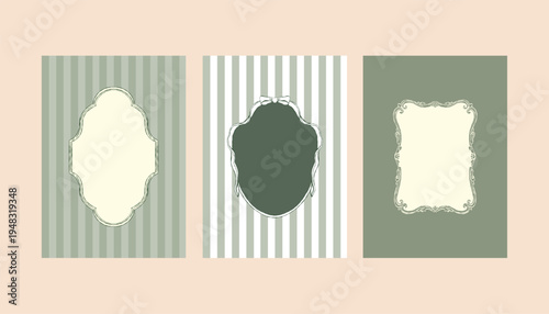 Vintage green set of postcard templates with Baroque and Rococo frames and space for text. Classic frames with hand-drawn swirls and bows. Whimsical Victorian-style striped posters for wedding