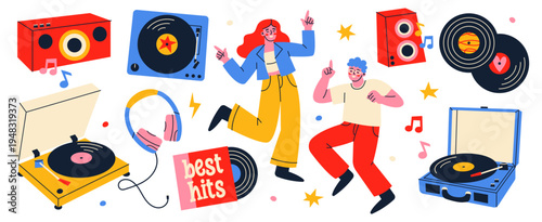 A colorful flat illustration set of two people dancing among vinyl records, turntables, gramophones, speakers, and headphones. Retro music listening concept.