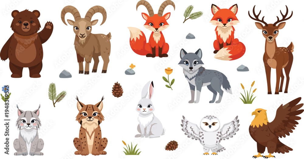 Obraz premium Forest Wildlife Animals Vector Illustration Set Featuring Bear, Ram, Fox, Deer, Wolf, Lynx, Rabbit, Owl, and Eagle for Nature Graphics and Kids Designs.