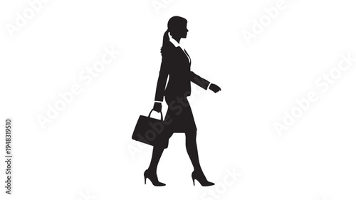 Businesswoman silhouette in professional suit walking and carrying a briefcase isolated on white background