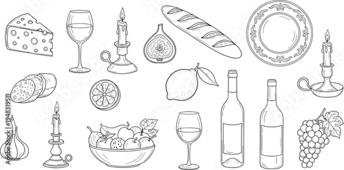 Cad drawing flat vector illustration of Ancient Greek icons featuring spartan helmet, lyre, amphora, column, theater masks, wine, and goddess.