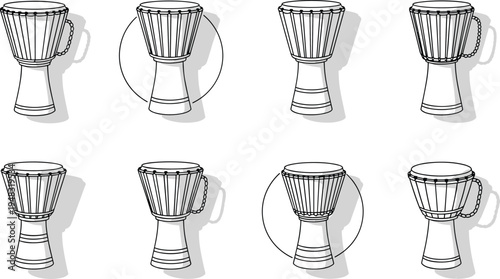 Hand-Drawn Djembe Drum Set in Various Angles with Detailed Line Art for Music and African Culture Themes