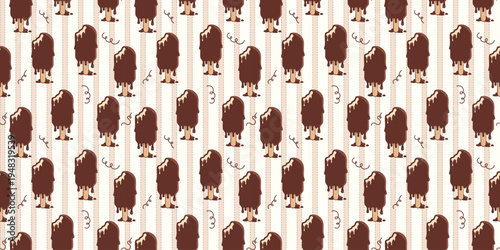 Seamless Pattern of Melting Dark Chocolate Dipped Ice Cream Bars on Vintage Striped Background, Retro Summer Dessert Vector for Fabric and Wrap