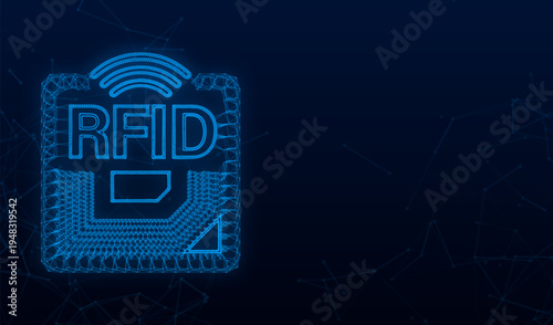 Wireframe of an RFID tag with signal waves and a microchip, representing radio-frequency identification technology