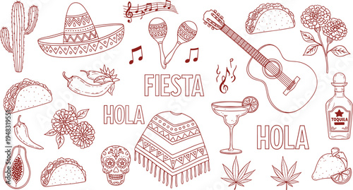 Cad drawing flat vector illustration of Mexican Fiesta icons featuring sombrero, guitar, tacos, tequila, sugar skull, maracas, poncho, and cactus.