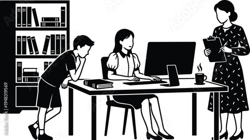 Flat design closeup office scene woman typing at desktop computer woman with clipboard supervising boy leaning on desk bookshelf coffee