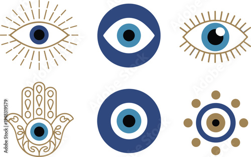Mystical evil eye and hamsa hand protective symbols, spiritual talisman vector icons, cultural amulet design for protection, flat vector illustration