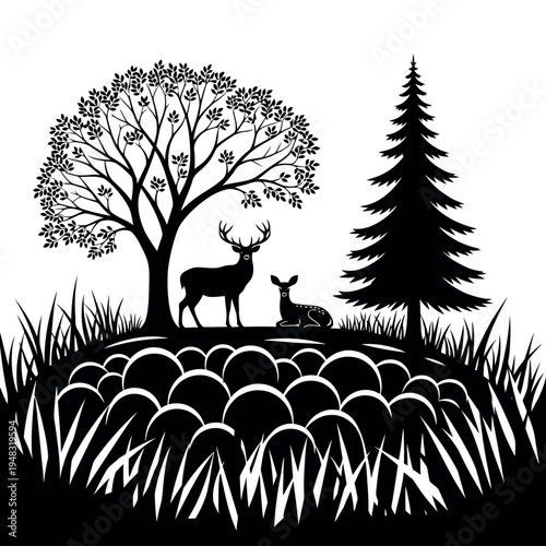 A black silhouette of a deer and a fawn under a tree