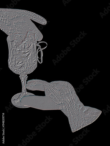 Wine glass with feminine formal gloves isolated as invitation to an event. Gloves touch stemware, Ribbons fill glass. Party, reception, wedding celebration.