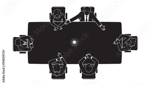 Top view of business professionals sitting at a conference table for a corporate meeting isolated on white background