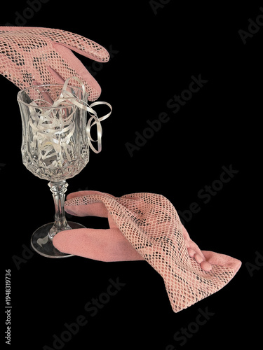 Wine glass with feminine formal gloves isolated as invitation to an event. Gloves touch stemware, Ribbons fill glass. Party, reception, wedding celebration.