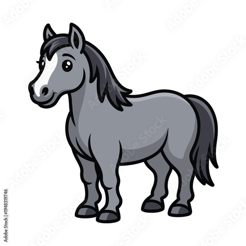 Horse illustration presenting a cute grey equine animal with a white blaze and black mane, standing.