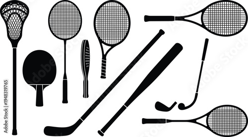 Sports equipment silhouettes set, tennis rackets baseball bat hockey stick ping pong paddle lacrosse gear vector illustration collection