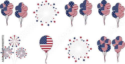 USA patriotic balloons and fireworks vector set American flag celebration decoration for Independence Day holiday festive illustration