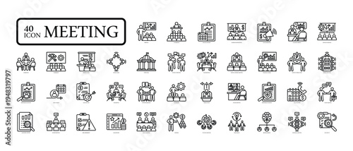 Business Meeting and Team Discussion Line Icons Set