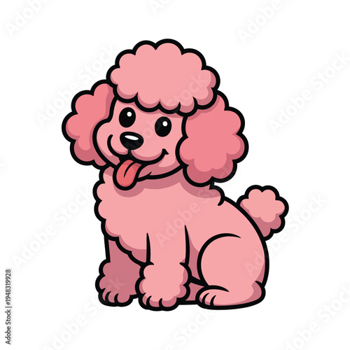 Pink poodle cartoon character illustration sitting happily with its tongue out, radiating playful.