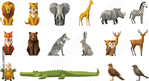 Low Poly Wild Animals Vector Illustration Set Featuring Lion, Tiger, Elephant, Giraffe, Rhino, Zebra, Fox, Bear, Wolf, Deer, Owl, Crocodile, and Birds.