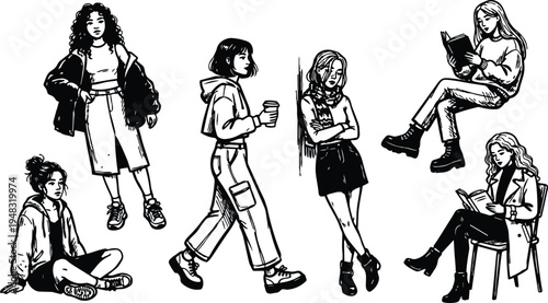 Line art set of six casual young women in varied poses reading walking sitting leaning with coffee and books sketch
