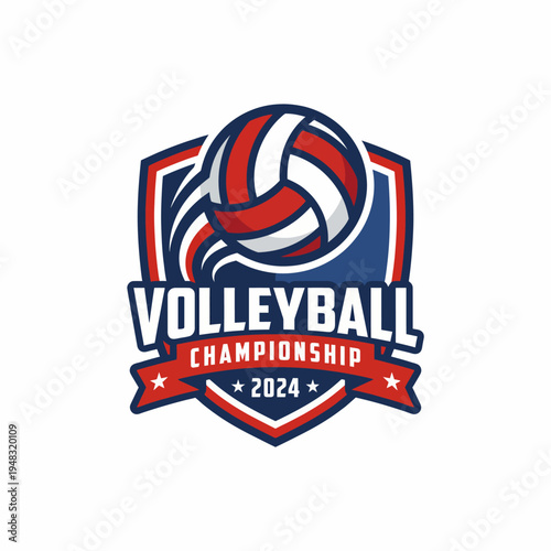 An official logo design for the 2024 Volleyball Championship featuring a dynamic volleyball graphic with a patriotic color scheme, embodying competition and excellence.