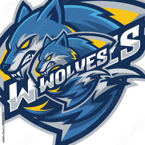 A powerful logo featuring two fierce wolves in dynamic poses, representing strength and unity for the W Wolves sports team, ideal for branding and team spirit.
