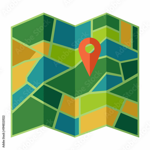 A vibrant map illustration featuring abstract sections and a prominent location pin, representing navigation and exploration in a fun, artistic style suitable for travel brands.