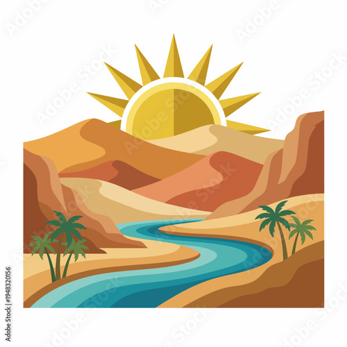A vibrant desert landscape featuring colorful mountains, a flowing river, and a radiant sun, evoking feelings of serenity and adventure in a stylized, artful manner.