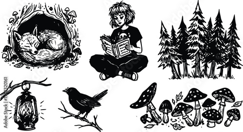 Tattoo flash ink illustration of girl reading book with sleeping fox lantern crow mushrooms and pine trees forest scene calm