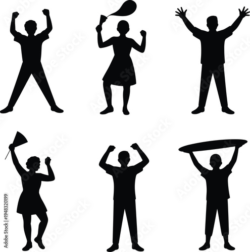 Silhouettes of people holding and celebrating with raised arms celebration black desi