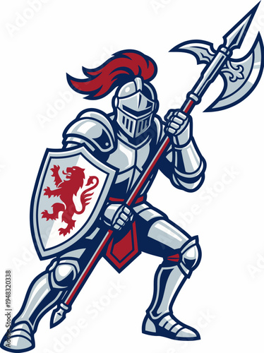 A commanding illustration features a knight in shining armor wielding a sword and shield, representing valor and chivalry, great for themes of history and adventure.
