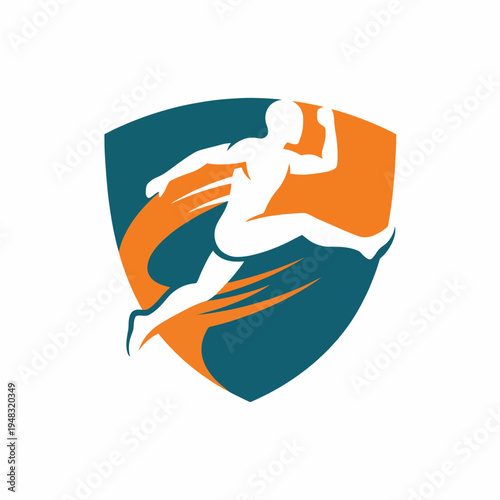 A sleek and modern logo depicting a dynamic running figure against a shield background, representing speed, agility, and athleticism for a sports brand or event.