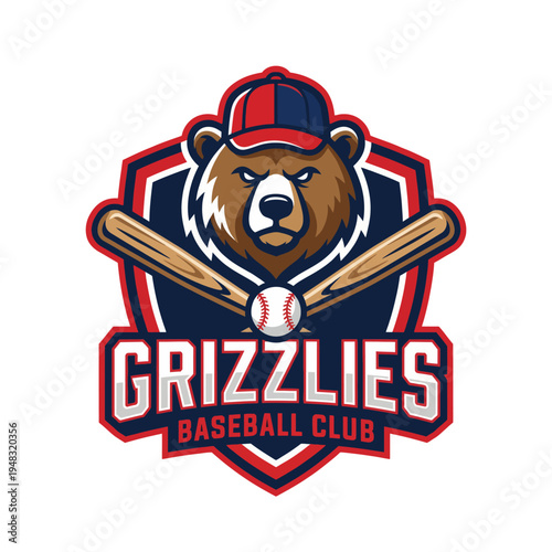 Featuring a grizzly bear mascot wearing a baseball cap, this logo represents the 'Grizzlies Baseball Club' and embodies power, teamwork, and sporting spirit.