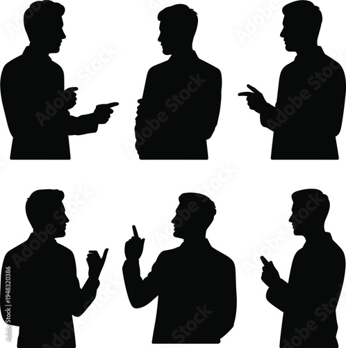 Six black silhouette men gesturing with hands and phones d