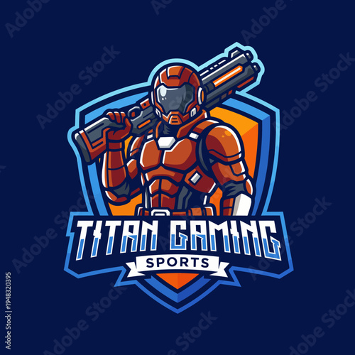 This high-energy logo design features a futuristic armored character with a weapon, ideal for esports teams, representing skill, strategy, and excitement in gaming.