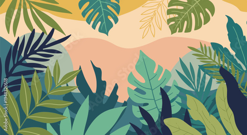 Colorful abstract background with tropical leaves and botanical elements