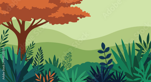 Vibrant flat design jungle landscape with tree and lush green plants