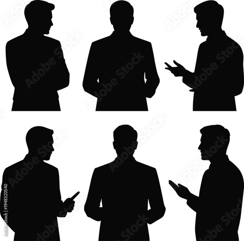 Six Silhouettes of Men in Business Attire Discussing and Gesturing discussion d