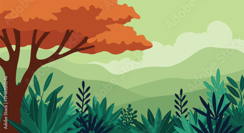 Flat design landscape with a large tree, autumn foliage, and green hills.