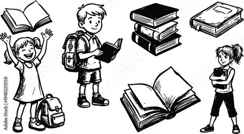 Line art view happy school children with backpacks smiling reading books and stacked books close up ink sketch hand drawn
