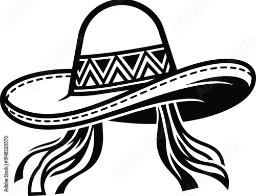 Line art front view sombrero hat with flowing ribbons and stitched brim black and white vector illustration decorative band pattern