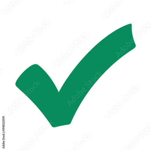 A vibrant green checkmark symbol stands out against a stark white background, signifying completion.